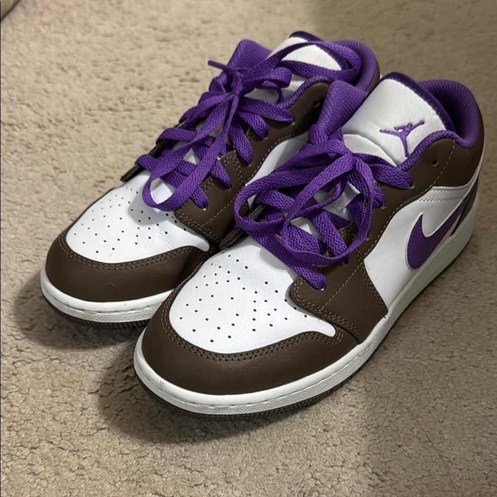 Nike Jordans White and Brown with Purple Accents